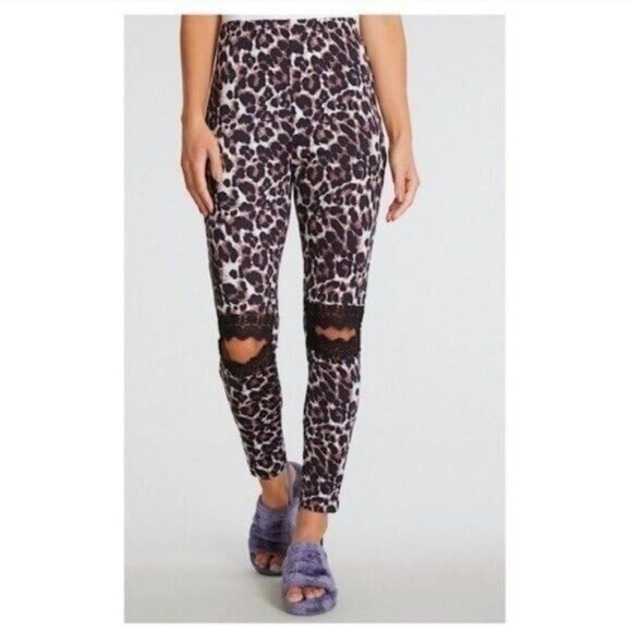Leopard Print High-Waisted Leggings With Black Lace Cut-Out Knees-NEW - Picture 3 of 4